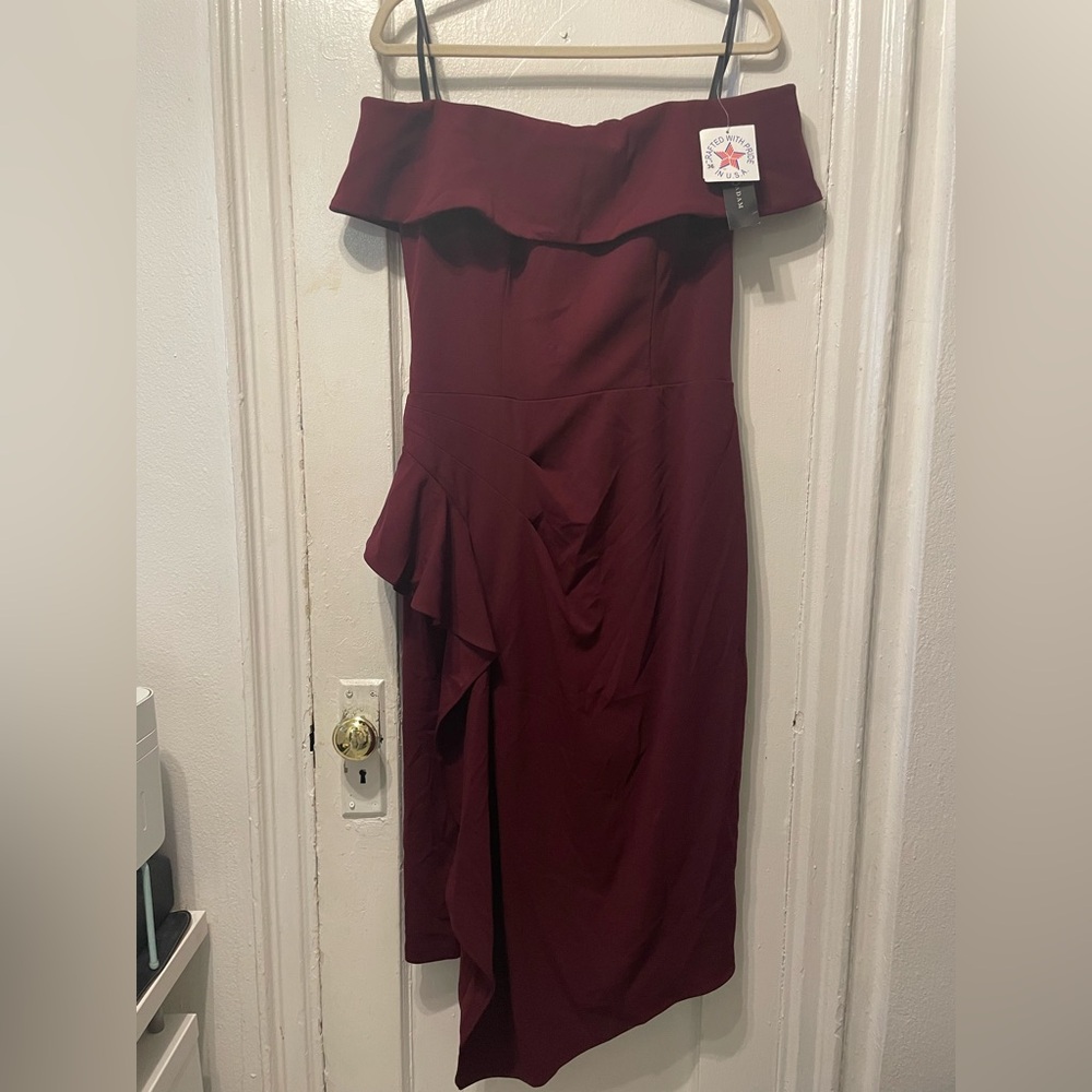 Betsy & Adam Burgundy Asymmetrical Ruffled Sheath Dress